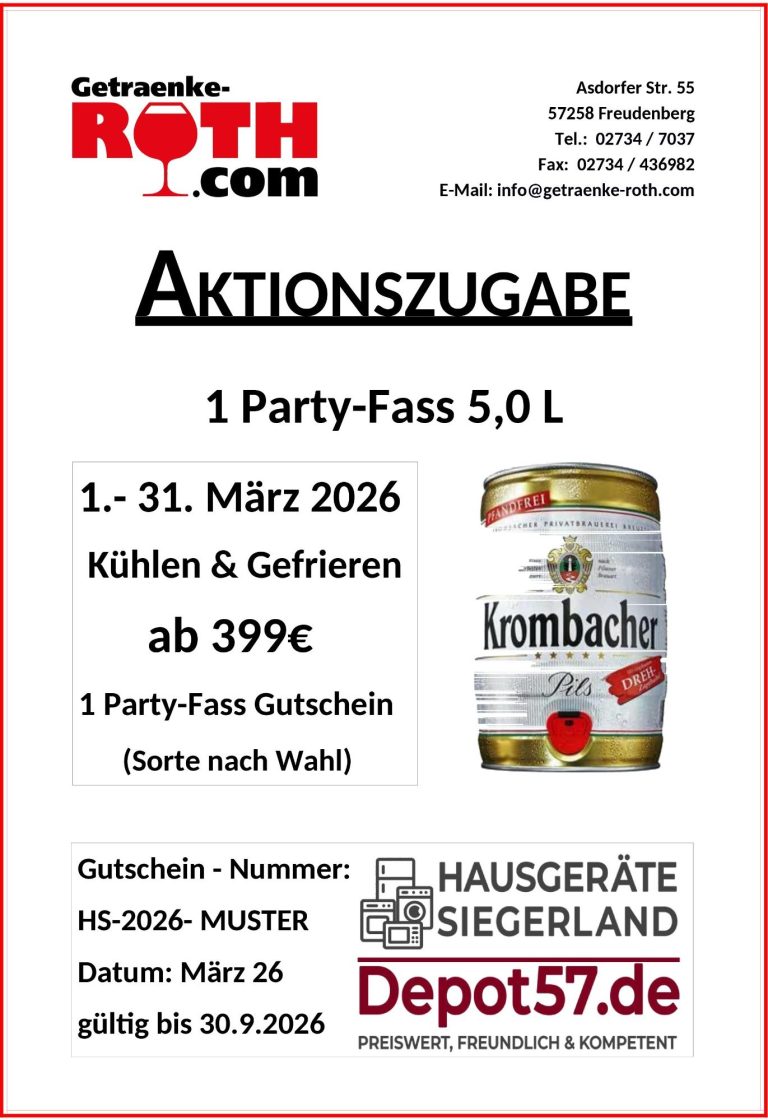 Aktionsflyer: Kühl- oder Gefriergerät ab 399 € kaufen & 5-L-Party-Fass gratis. März 2026. Depot57 in Kooperation mit Getränke Roth.