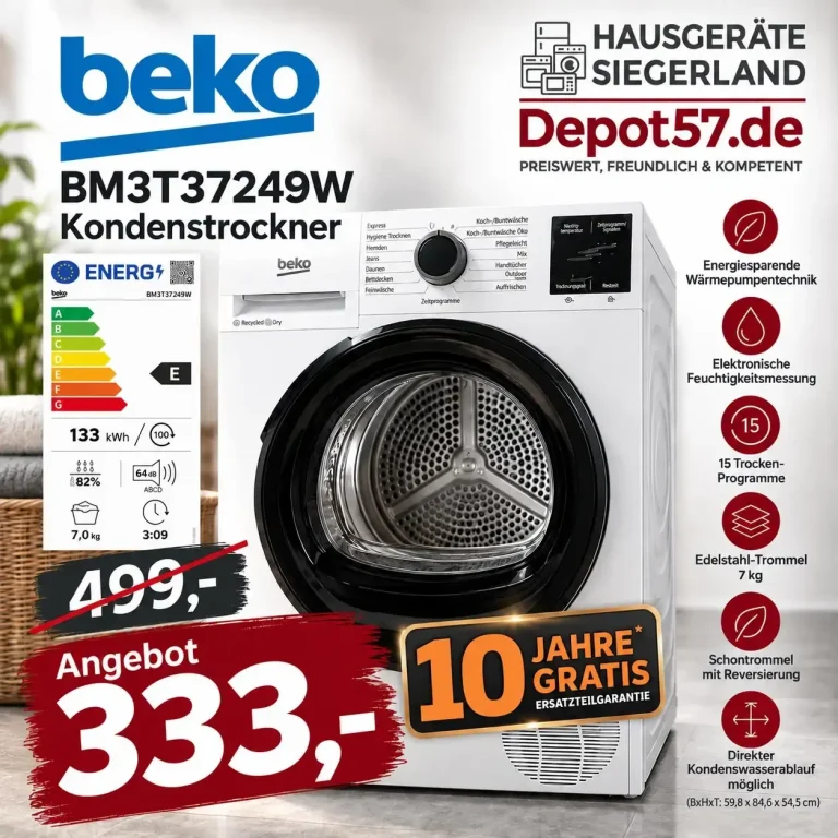 Beko BM3T37249W Kondenstrockner für 333 € mit 10 Jahren Garantie bei Hausgeräte Siegerland in Freudenberg